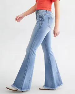 Women's Mid-Rise Skinny Raw Hem Flared Denim Pants - Y2K 90s Vintage Mom Jeans, Denim Fabric, Slim Fit