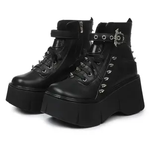 Black Platform Ankle Boots for Women Goth Rave Shoes Punk Rivet Lace Up Zipper Round Toe Wedge Chunky High Heels Buckle Booties
