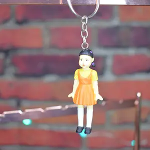Squid Game Keychains - Orange Dress Keychain with Black Hair and White Stockings and black mask with white squarefor Fans