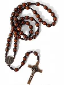 1pc Wooden Rosary Beads Necklace, Catholic Prayer Rosary with Crucifix & Saint Benedict Medal, Handmade Knotted Rosary, Religious Jewelry, for Men Women, Prayer, Church, Gift Idea, Viral TikTok Faith Necklace