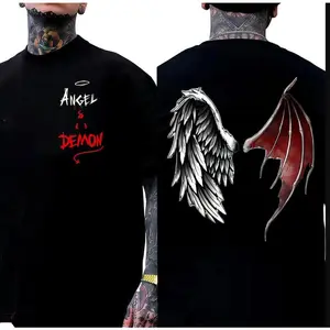 Angel Demon Wings Tee Cotton Double-sided Printed Black Dark Street Style Unisex Loose Fit Y2K Vibe Casual Outfit