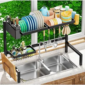 2-Tier Over-The-Sink Dish Drying Rack - Expandable Large Capacity Rack for All Sinks (24.8"-35.4"), Metal Drying Rack Ideal for Kitchen and Family Use Organiser