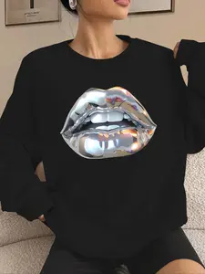 Women's Lip Print Drop Shoulder Thermal Lined  Sweatshirt, Casual Long Sleeve Round Neck Pullover for Fall & Winter, Women's Clothes for Daily Wear