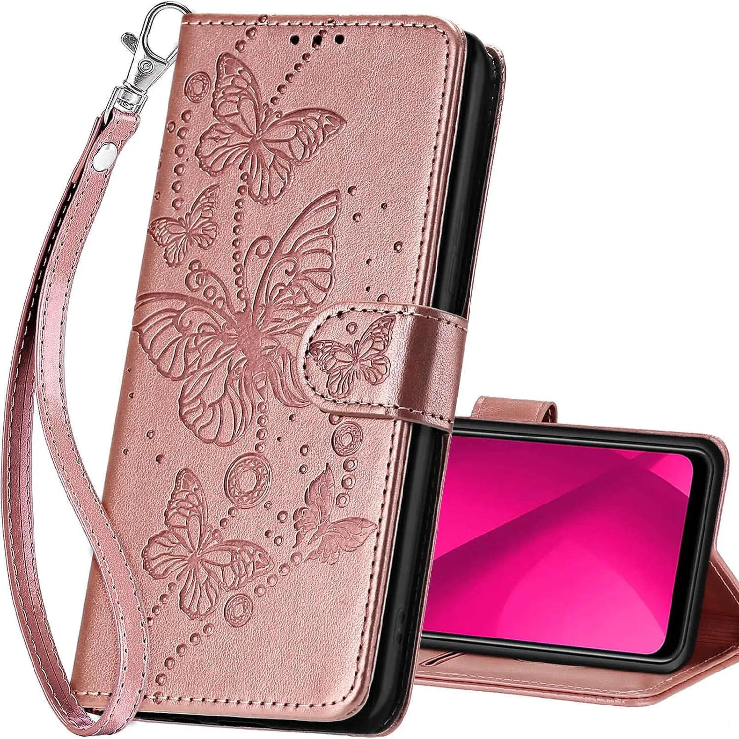 Women's PU Leather Flip Folio Wallet Case for T-Mobile Revvl 7 5G Smartphone - Adjustable Stand, Card Slot, Magnetic Casing, Handheld Protection [Rose Gold-Butterfly]