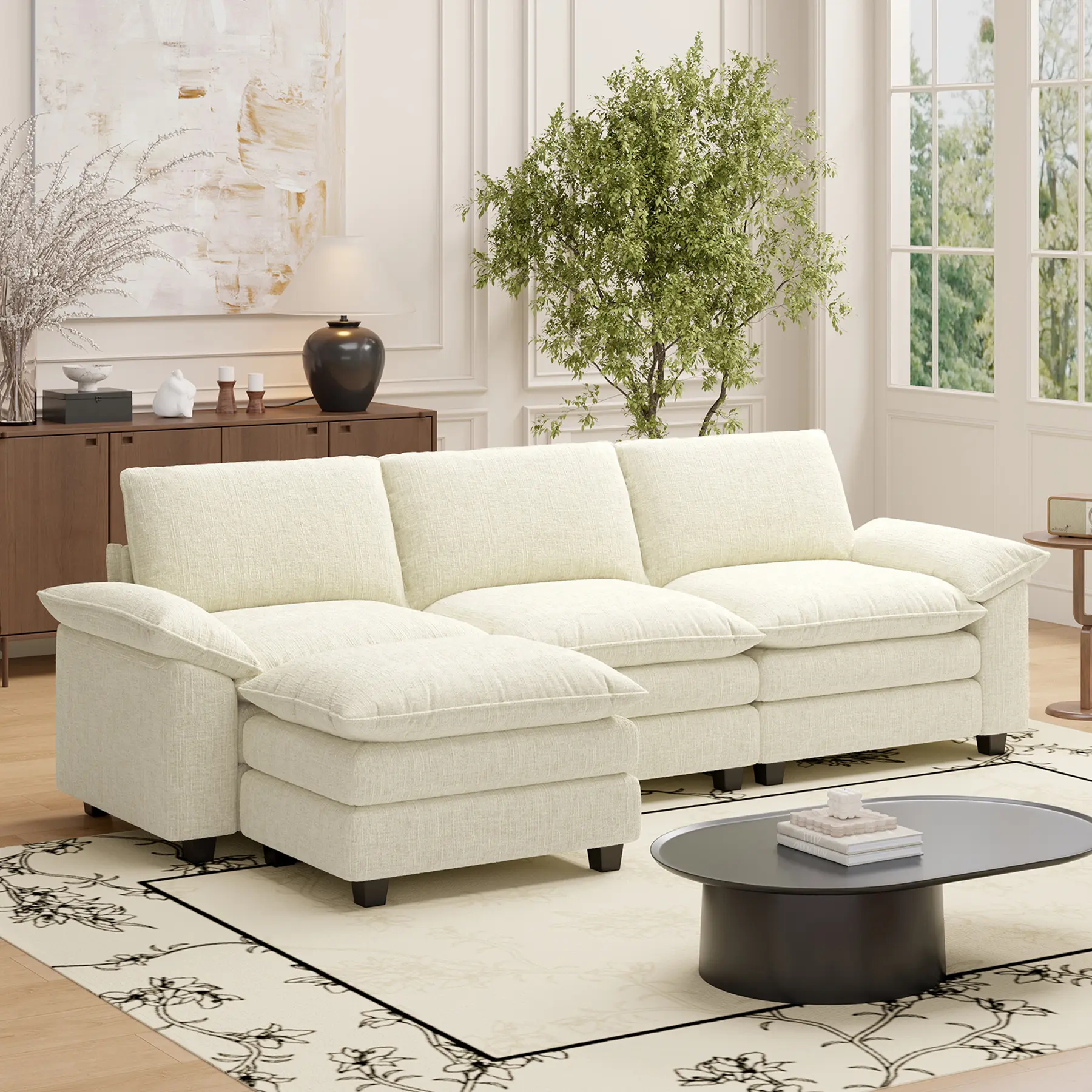 118" Modular Sectional Sofa,Comfy Cloud Couch Sectional Sofa with Ottoman,U Shaped 5-Seat Corduroy Sleeper Deep Seat Sofas for Living Room,Bedroom and Apartment,Beige