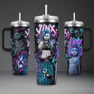 Jinx Powder Graphic Tumbler, Arcane League of Legends 40oz Cup with Handle, Get Jinxed Punk Rock Stainless Steel Travel Mug, Gamer Gift, Jinx Inspired Insulated Tumbler