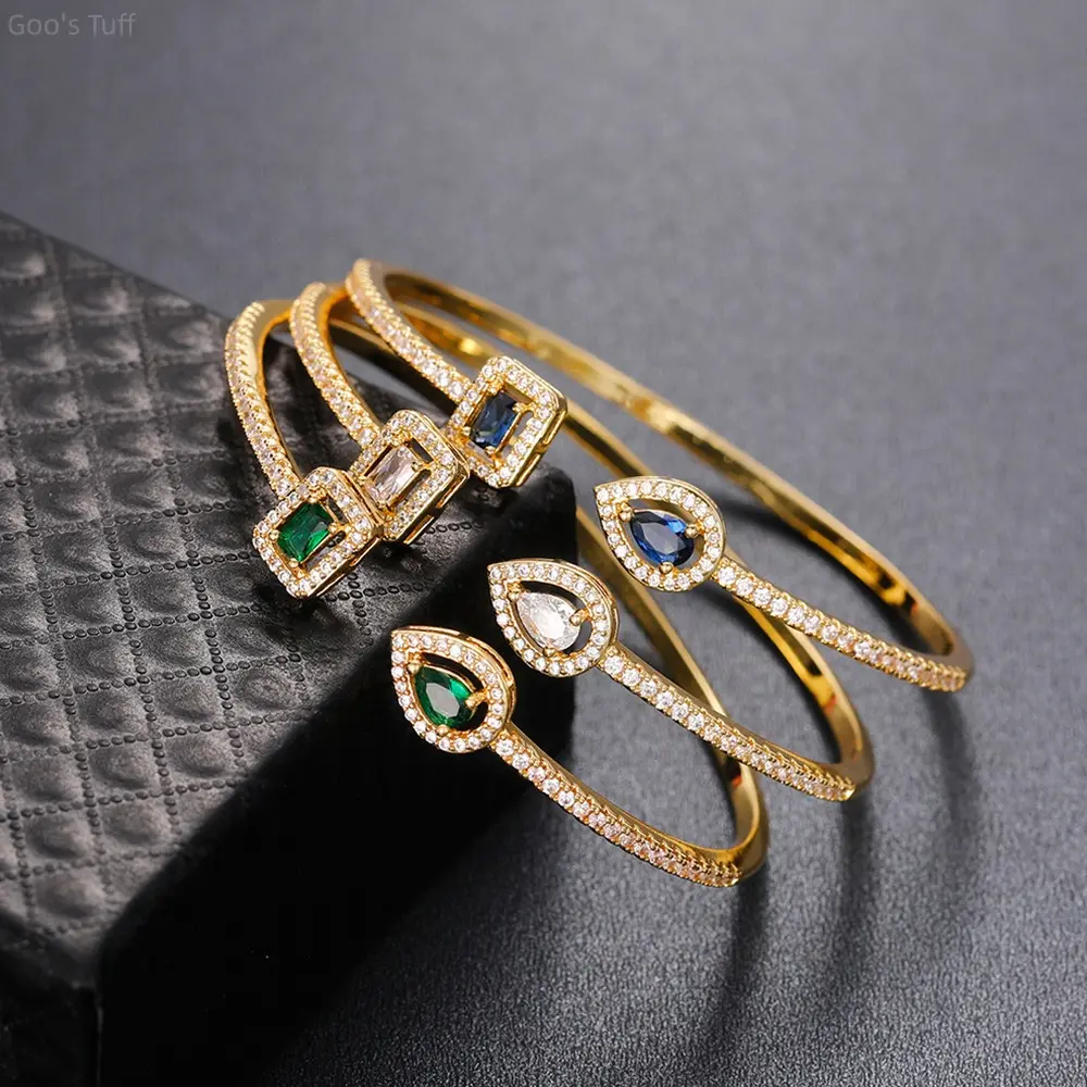Women's Elegant Brass Tone Cuff Bracelet, Korean Style Open Bangle with Multicolor Gemstone and Zircon Accents, Adjustable Arm Candy Accessory for Holiday Gifts, Bang, Arm Candy Accessories, Arm Cuffs Bracelets & Bangles