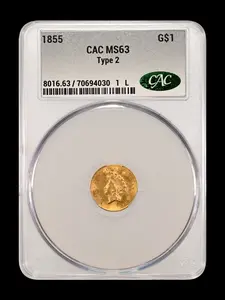 1855 $1 Dollar Gold Type 2 MS 63 CAC