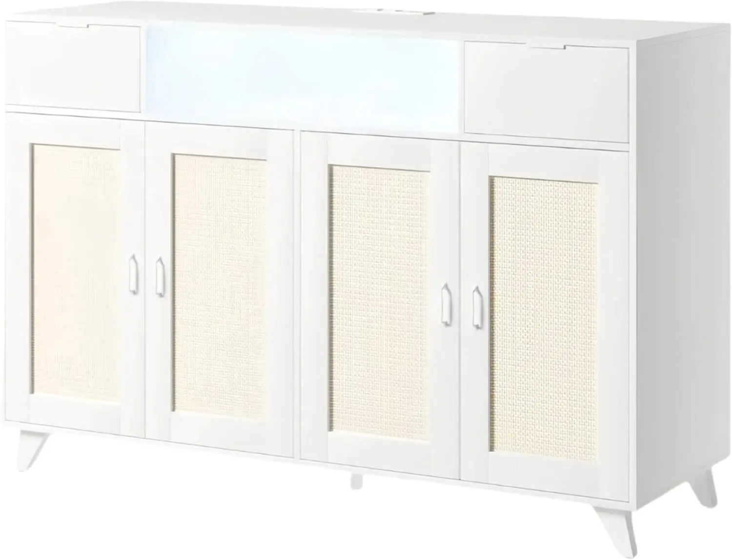 Gaomon Modern Storage Cabinet - 2-Drawer 2-Door Sideboard with LED Lights, Power Outlet, Iron-MDF Dual Materials, Adjustable Shelves, Wall-Mount Console Table for Dining Room, Living Room (White)