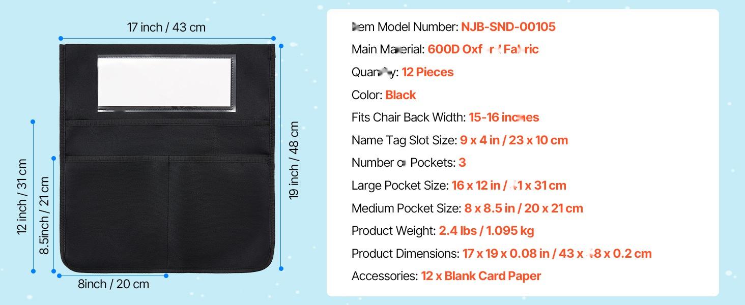 Chair Pockets For Classroom, 12 Pack Seat Pockets With Name Tag, Black Durable Nylon Fabric, Sturdy Chair Storage Organizer For Student Desks, Easy Labeling Of Names, Classroom Organization And School Supplies