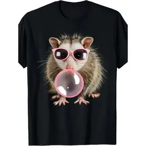 Opossum Bubble Gum T-Shirt | Lightweight Breathable, Crew Neck, Suitable for Outings and Casual Wear, Machine Washable, Vintage Style, Regular Fit