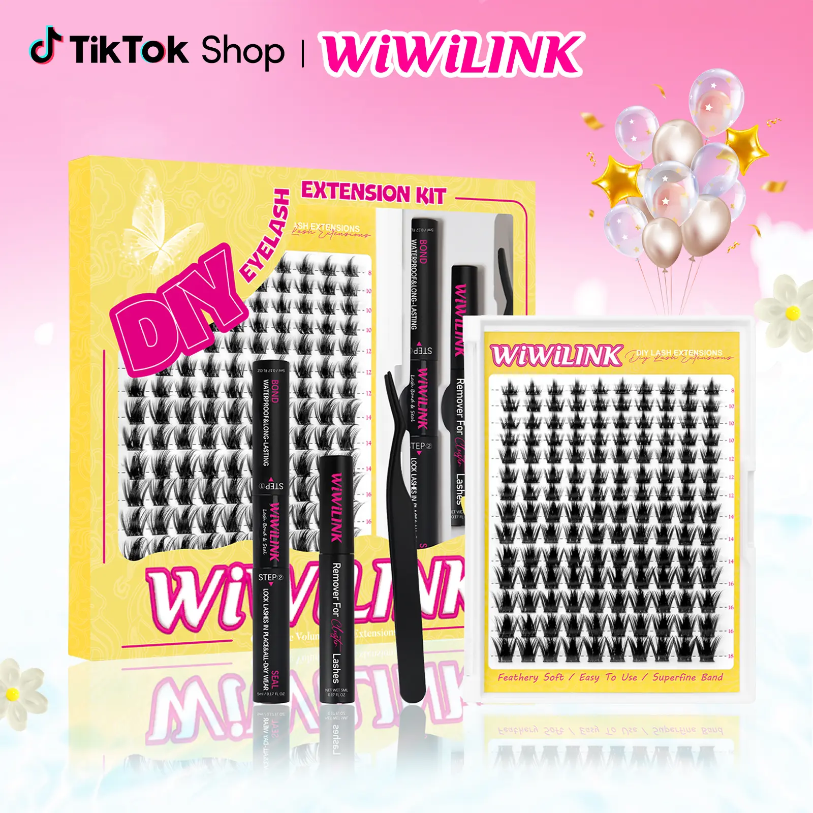 WiWiLink Sunset Manga Lashes Cluster C D Curl DIY Lash Extension Kit and Lash Clusters 8-18mm with Bond Seal and Remover - Ultra-Thin Transparent Bands, Lash Magic Anime False Lash Extension Kit