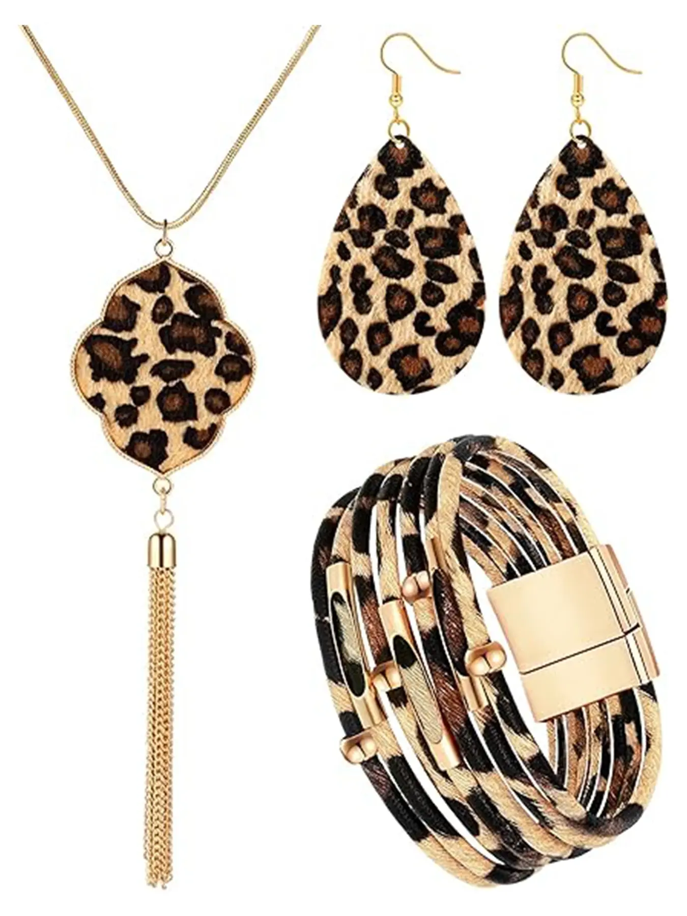 3 Piece Leopard Print Matching Jewelry Set, Women's Bohemian Leopards Pattern, Multi-Layer Wrist Cuff Bracelet Gift Accessories, Elegant Fashion, Fashionable Jewelry Set, Boho Jewelry Set