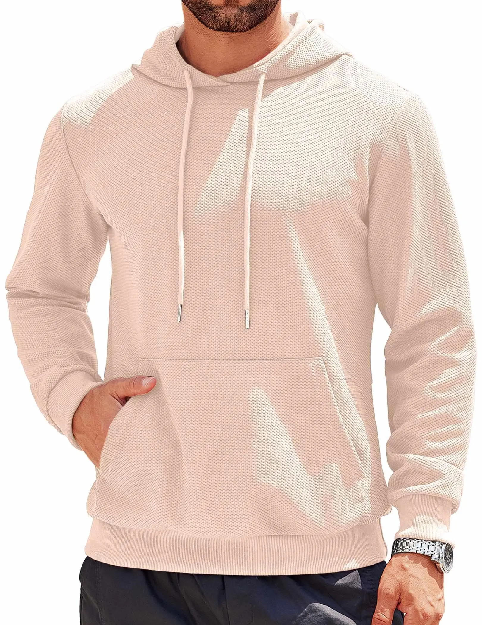 COOFANDY Men's Hooded Sweatshirts Long Sleeve Casual Waffle Knit Pullover Hoodies with Kanga Pocket