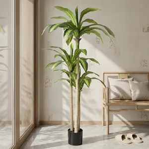 Modern Artificial Variegated Dracaena Tree, 3-Stem Faux Corn Plant in Black Planter, Tall Fake Floor Plant for Living Room & Entryway Decor