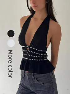 Women's Plain Rivet Decor Halter Tie Back Peplum Top, Elegant Fashion Casual Backless Top for Daily Outdoor Wear, Ladies Clothes for Summer