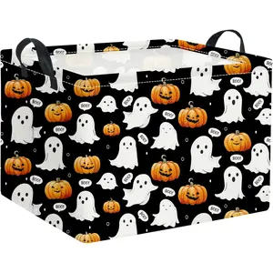 Rectangular Halloween Basket for  Cute Pumpkin Basket Storage Bin Organizer Box Room Decor for Halloween Parties(Black Ghost)