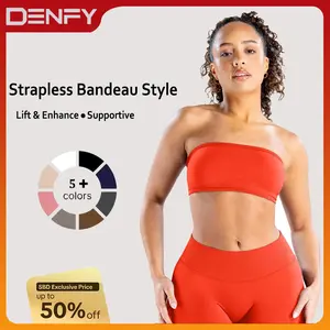 DENFY Impact Backless Bandeau Fitness Gymwear Women's Padded Strapless Wireless Solid Seamless Yoga Workout Bralette High Stretch Durable Fabric