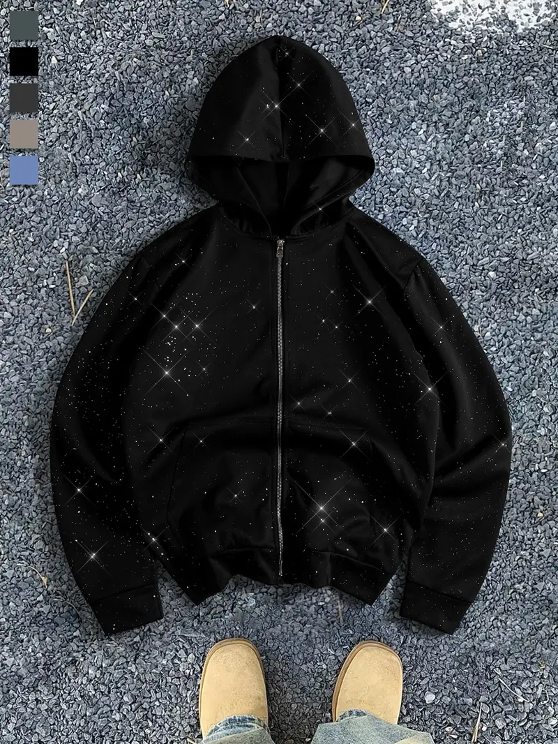 Men's simple star print decorative long-sleeved thin sweater, fashionable and trendy style, suitable for sports and leisure, daily commuting, street activities, spring and summer casual hoodie men's pullover jacket loose street top