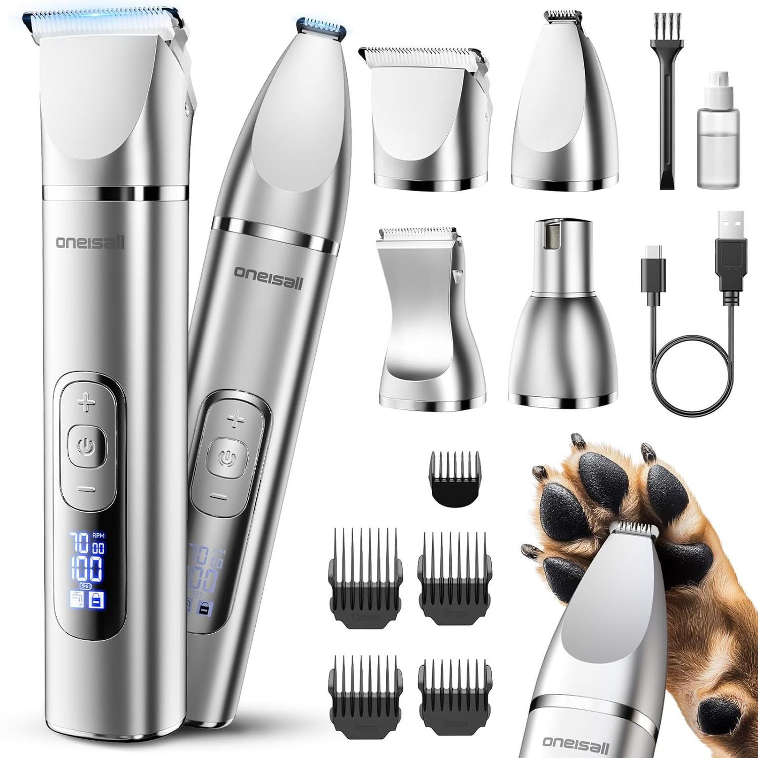 4 in 1 Dog Grooming Kit with LCD Display, Dog Hair Trimmer & Nail Grinder, Rechargeable Cordless Low Noise Waterproof Pet Clippers