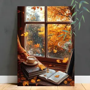 1 Piece Wooden Frame Canvas Autumn Window Scene Coffee Cup Books Leaves Art Print Wall Decoration Bedroom Living Room Home Decor Autumn Scenery Canvas Poster Hanging Picture with Frame Gift Thanksgiving Halloween Christmas Canvas Art, 2D Flat ZZTM01, Perf