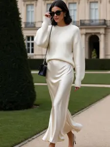 Female Skirts Satin Long Skirt Women Elegant Chic Black Beige Green Khaki Women's Skirt High Waist Fitted Midi Skirt Woman Streetwear Casual Skirts Office Social Women's Skirts Womenswear