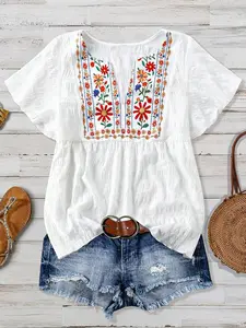 Plus Size Women's Blouse, Casual Elegant Summer Tops, Digital Print Ruffle Sleeve T-Shirt,Comfortable Cotton Fabric, Perfect for Daily Wear, Stylish and Trendy Design