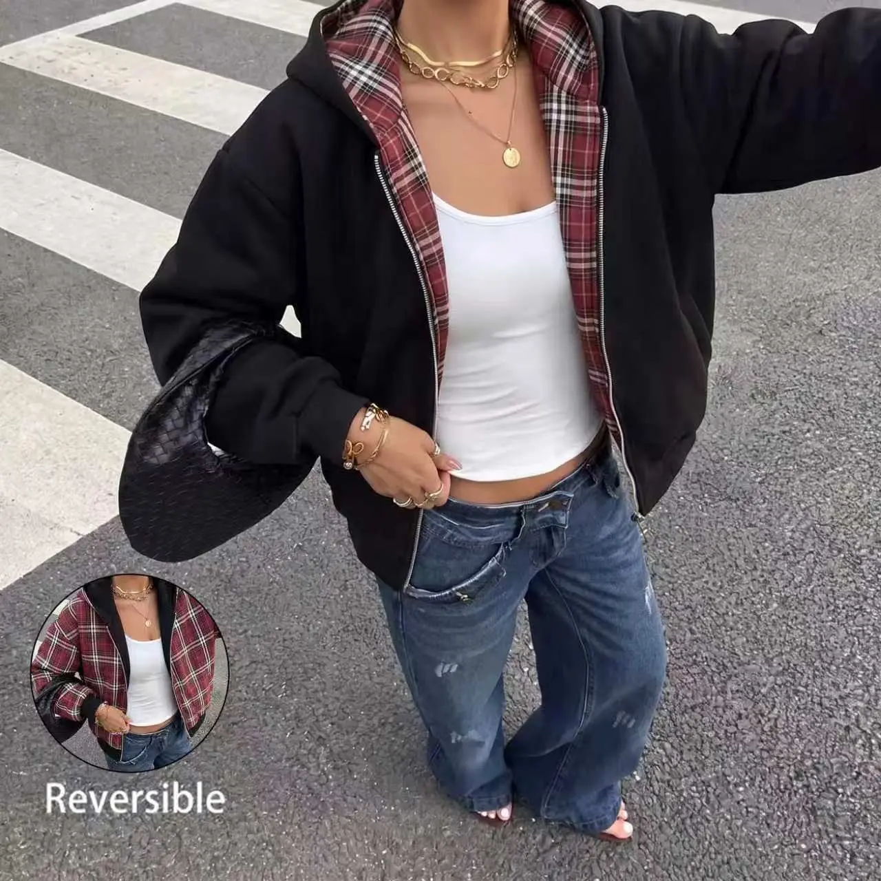 Women’s cotton double-sided zip-up hooded jacket, black and red plaid reversible hoodie, loose casual streetwear outerwear for autumn and winter