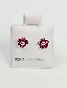 Red Flower Stud Earrings CZ (6mm) - 925 Sterling Silver