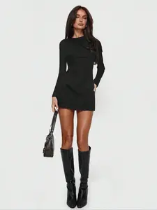 Elegant Fashion Round Neck Long Sleeve Back Tie Design Woven Bodycon Mini Dress, Basic, Autumn New Arrival, Women's Casual Wear, Womenswear, Fit