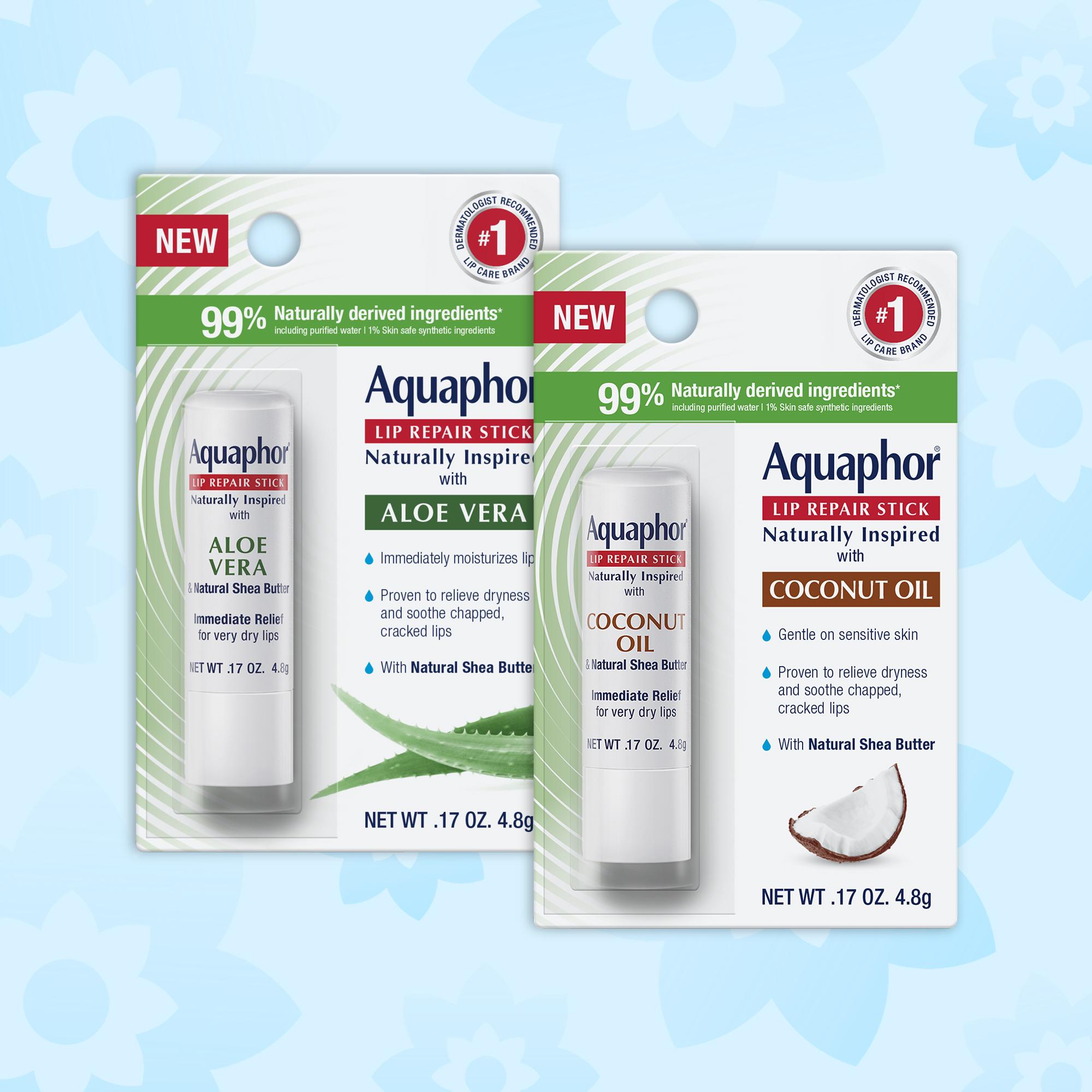 Aquaphor Lip Repair Stick 2-Pack Naturally Inspired Aloe Vera & Coconut 0.17oz Each Therapeutic Dermatologist Recommended Moisturize Soft Hydrated Lips
