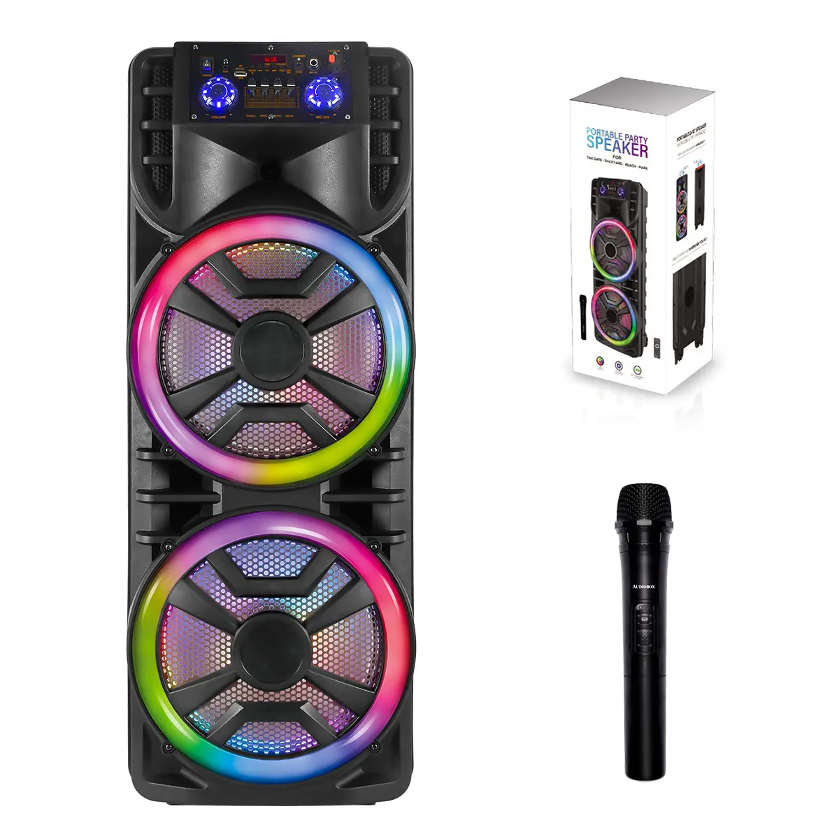 Dazone Bluetooth Speaker, Loud Stereo Sound Boombox Speakers with Dual 12" Subwoofer, LED Colorful Lights, Wireless Microphone, Remote Control