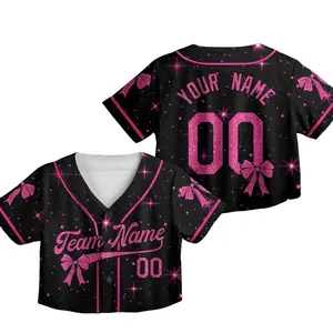 Custom Glitter Bow Crop Top Baseball Jersey, Custom Name Coquette Ribbon Jersey Shirt For Girls, Womenswear Baseball Fans Gifts