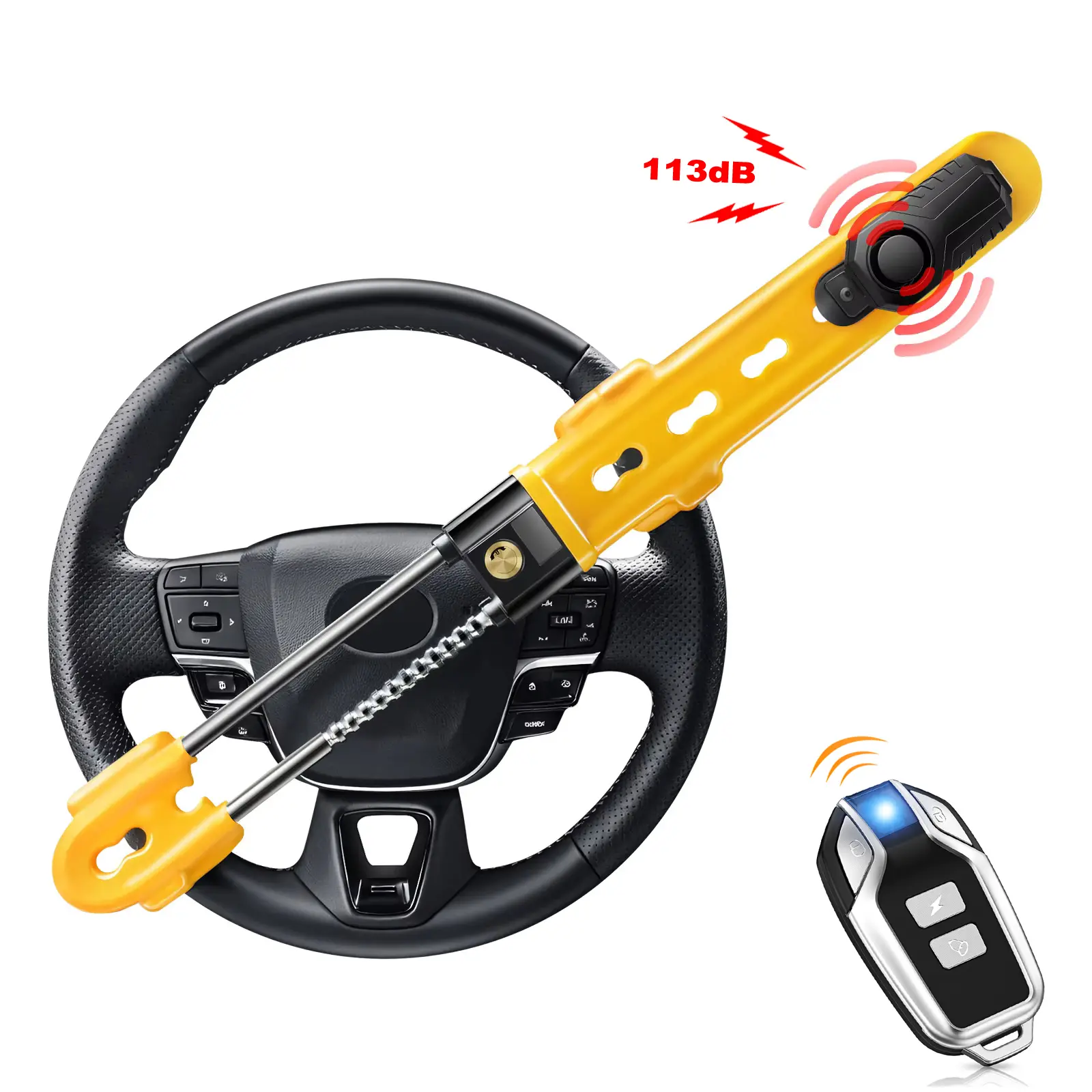 Automotive Steel Steering Wheel Lock Alarm - Adjustable, Crash-Proof Universal Anti-Theft Device for Trucks, Campers, Durable Vehicle Safety Accessory, Includes 2 Keys, With Lock