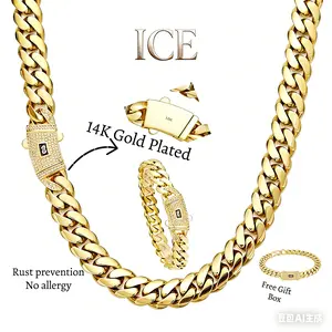 [Set] 14K Real Gold-Plated Cuban Necklace& Bracelet with Miami Link Chain and Diamond Clasp, Anti-Friction, for Men and Women, Stainless Steel Thick Chain Hip Hop Jewelry 6/8/10/12/14MM, Colorfast, Waterproof, Thickened, Black Friday