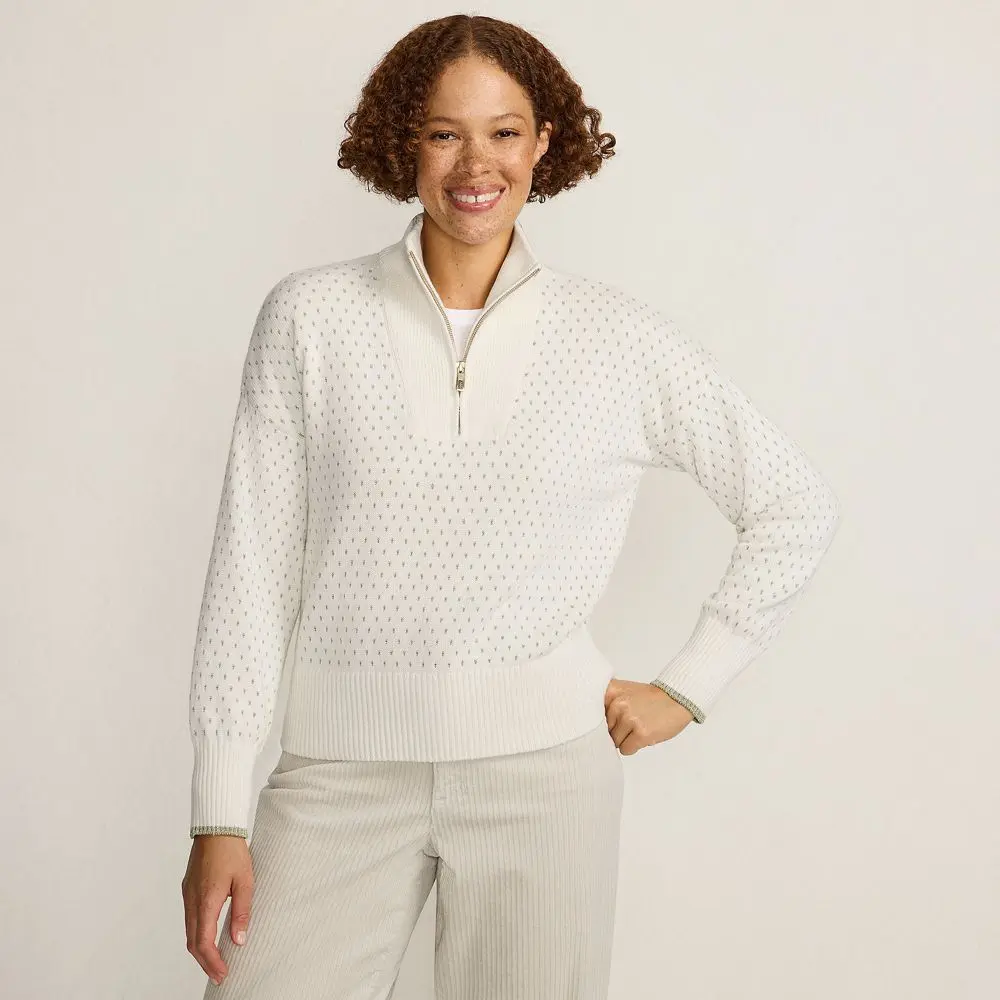 Lands' End Women's Drifter Floatback Jacquard Quarter Zip Sweater - Medium - Ivory/Gold Tipping