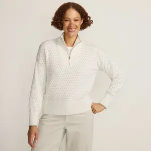 Lands' End Women's Drifter Floatback Jacquard Quarter Zip Sweater - Medium - Ivory/Gold Tipping