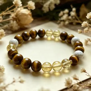Hcrystyle Fire Signs Bracelet - Natural Citrine, Howlite & Tiger's Eye Stone Combination - Unisex Jewelry for Fire Signs to Boost Positive, Bright & Expansive Energy - Ideal Gift for Loved Ones on Birthdays/Anniversaries