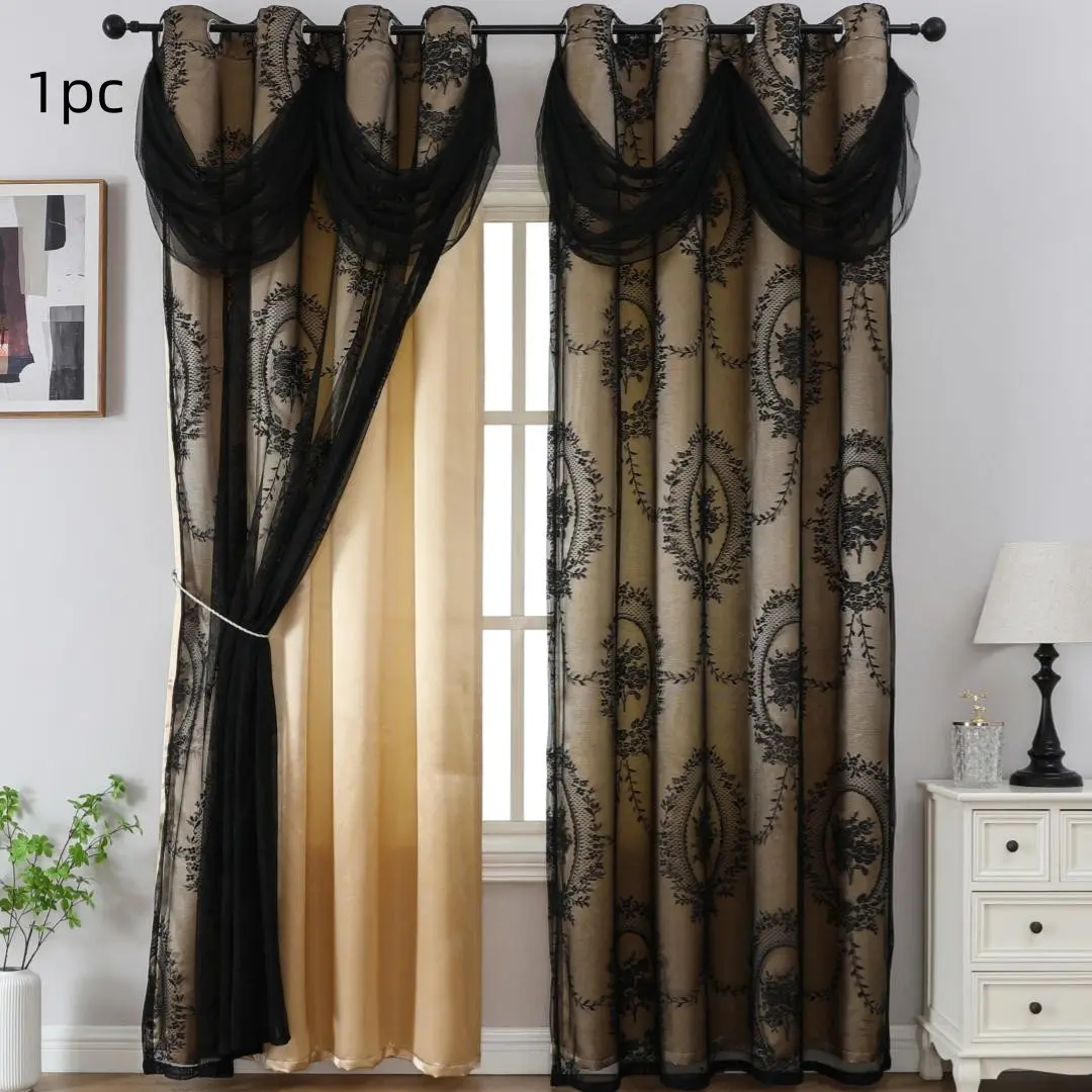 1pc double layer jacquard blackout curtains with valance, Flower Embroidery Lace Privacy Curtain, Light Filtering Door Curtain, Blackout Window Cover for Home Decor, Window Curtain, Home Decorative Curtain, Home Decoration Curtain, Curtains Floral