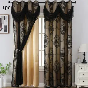 1pc double layer jacquard blackout curtains with valance, Flower Embroidery Lace Privacy Curtain, Light Filtering Door Curtain, Blackout Window Cover for Home Decor, Window Curtain