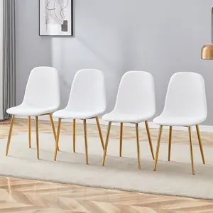 Luxury Simple Chair - Set of 4 White Linen Material High Resilience Dining Chair with Metal Golden Leg.Integral metal leg architecture,Suitable for various interior decoration styles.