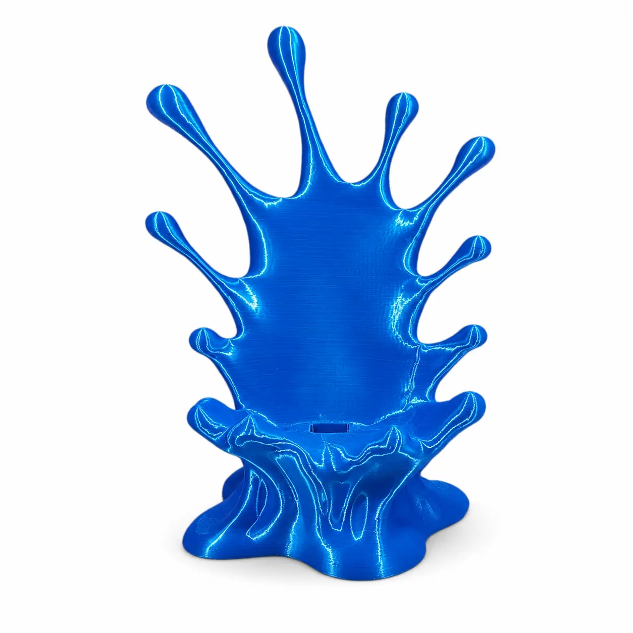 Metallic Blue Splash Plastic Phone Holder - On-Demand FDM 3D Printed Stable Desk Stand with Front Cable Opening, 3D Printed Desk Accessory for Smartphones, Cable Hole, Anyone Who Wants A Phone Stand