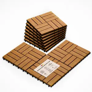 Interlocking deck tiles 10pcs waterproof acacia wood patio tiles floor tiles for balcony backyard indoor and outdoor use decking checker pattern 12 x 12 x 09 inches golden teak