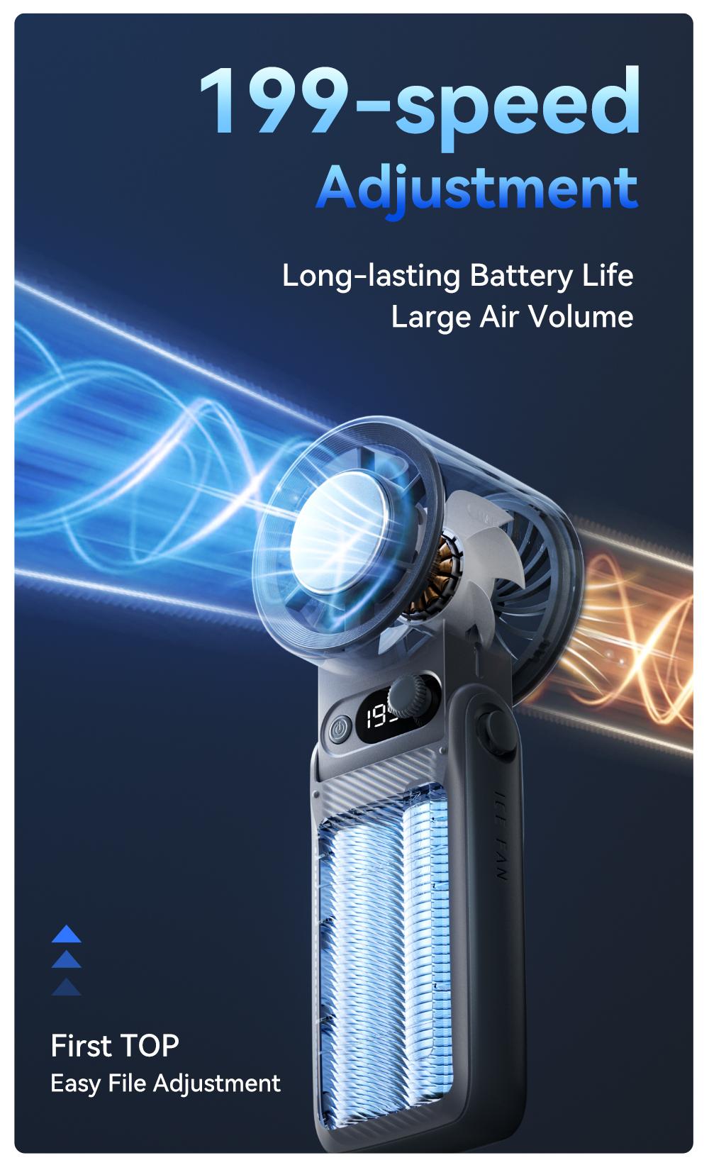 Portable fan, Portable Handheld Turbo Fan, Handheld High Speed Fan, 199 Adjustable Levels, Up to 30 hours of use, One-Click Semiconductor Cooling, Foldable Design, Ideal for Summer Travel & Outdoor Activities