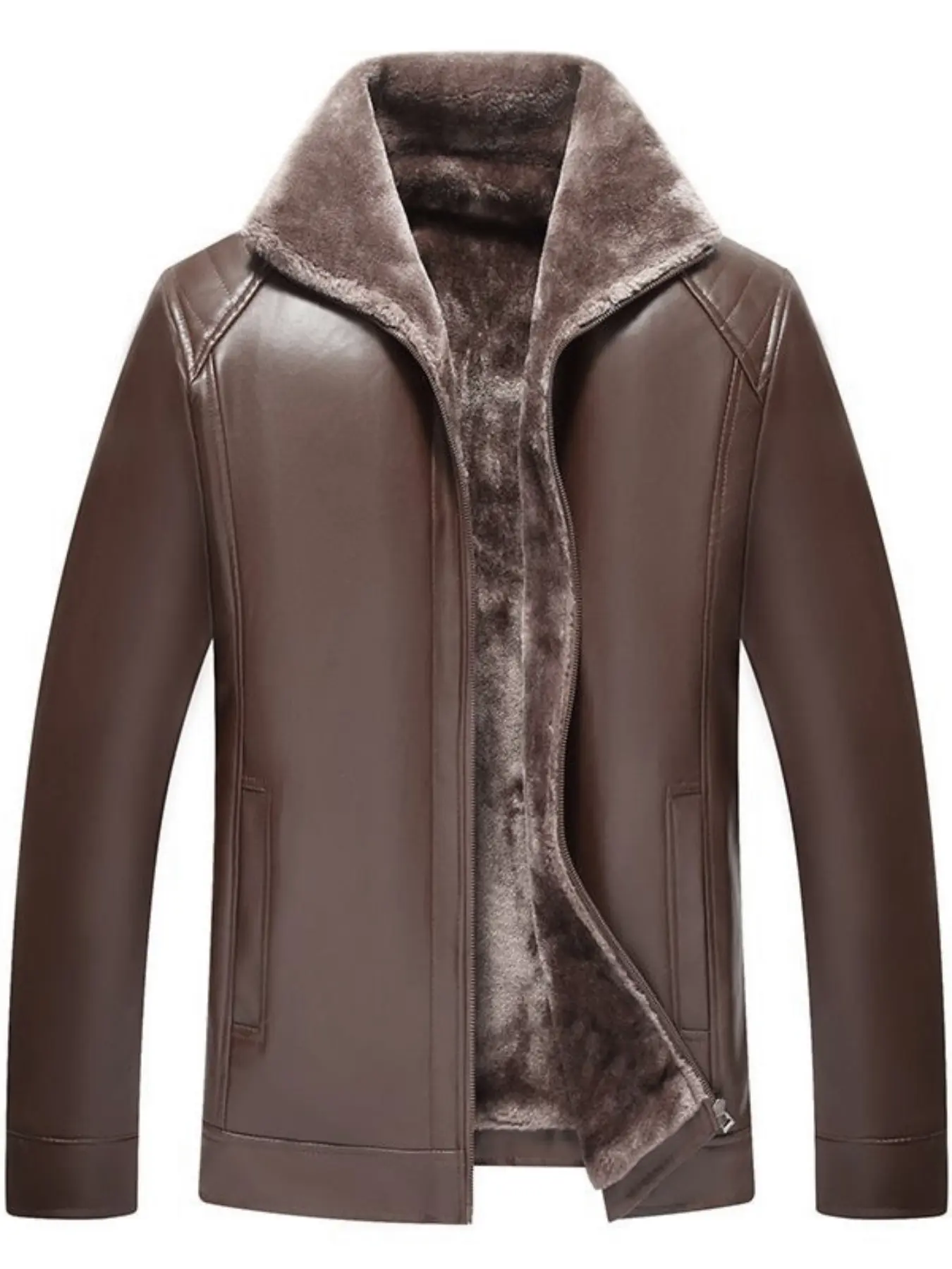 Men's Fall Winter Motorcycle Jacket, Long Sleeve, Waterproof Faux Fur Collar, PU Leather Biker Coat, Casual Fit, Standard Protector Design