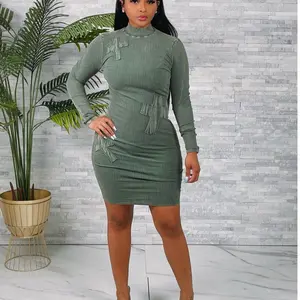 Ribbed Dress - Green Long Sleeve Bodycon Style with Unique Design Features