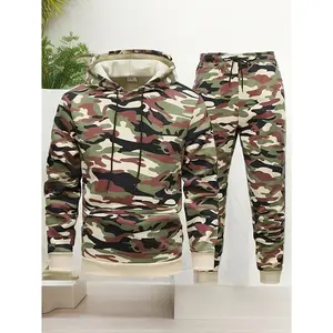 Men's camouflage print hooded sweater and jogging pants set, casual polyester knitted fabric with stretch