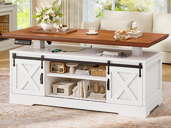 SEDETA 47.2" Farmhouse Lift Top Coffee Table Electric Standing with Storage Power Outlet Sliding Barn Door Height Adjustable for Living Room