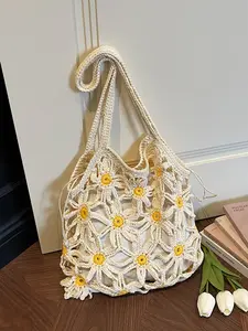 Ladies' Crochet Daisy Tote Bag, Bohemian Vacation Style, Drawstring Closure, Ideal for Beach Travel, Daily Leisure, Vacation Occasions