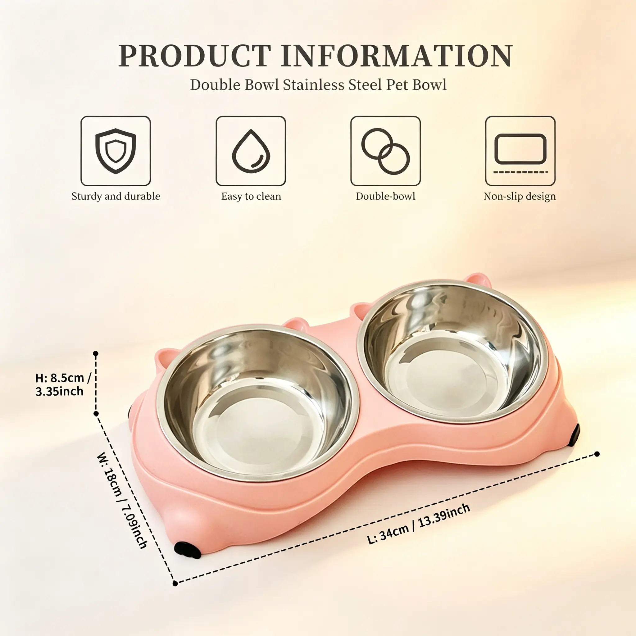 Adorable Macaron Pink Bear Shape Detachable Stainless Steel Pet Double Bowls, Non-Slip Base Easy Clean Food Water Feeding Station for Small Medium Cats, Puppies & Small Dogs